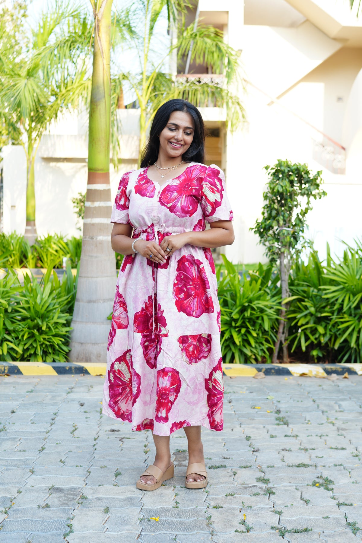 Sky Teal Bold Floral Rayon Foil Maxi Frock – Puff Sleeve Tiered Summer Dress with Adjustable Front Tie & Side Pockets