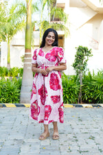 Sky Teal Bold Floral Rayon Foil Maxi Frock – Puff Sleeve Tiered Summer Dress with Adjustable Front Tie & Side Pockets