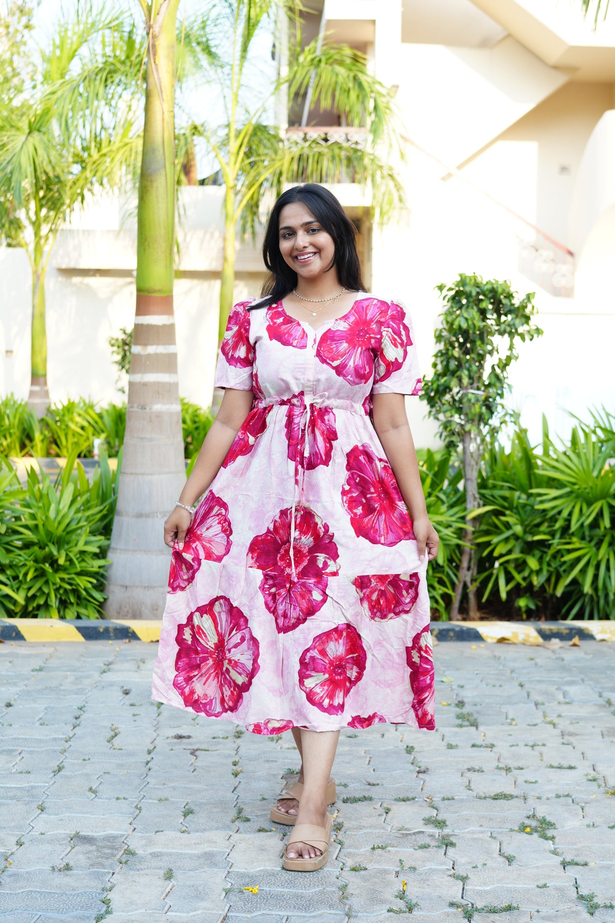 Sky Teal Bold Floral Rayon Foil Maxi Frock – Puff Sleeve Tiered Summer Dress with Adjustable Front Tie & Side Pockets