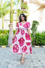 Sky Teal Bold Floral Rayon Foil Maxi Frock – Puff Sleeve Tiered Summer Dress with Adjustable Front Tie & Side Pockets