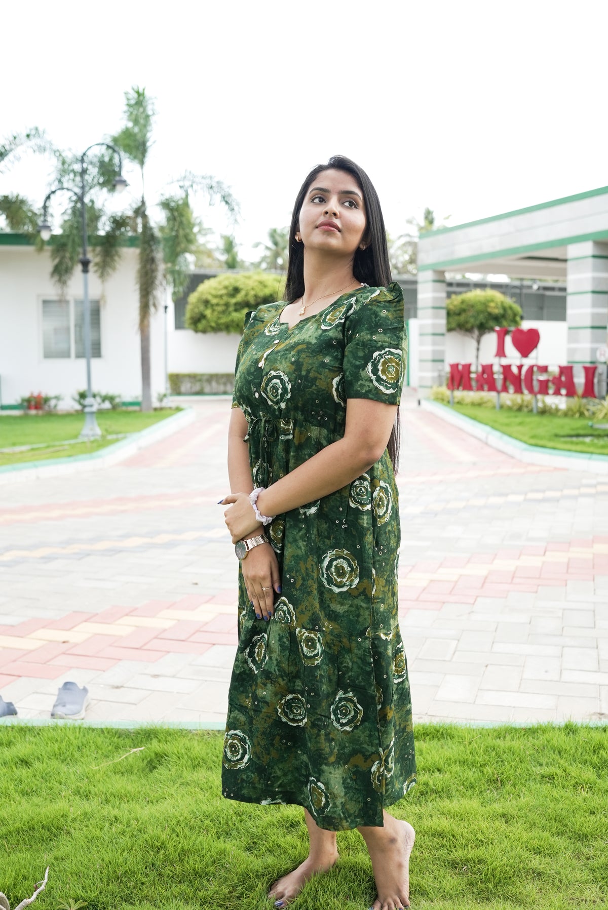 Rayon Colourful Foil Printing Gathering Frock Model Nighties | Side Pocket and Gathering Front Rope | Fancy Sleeve & Maxi Frock Nightwear for Stylish Women's (FGF)