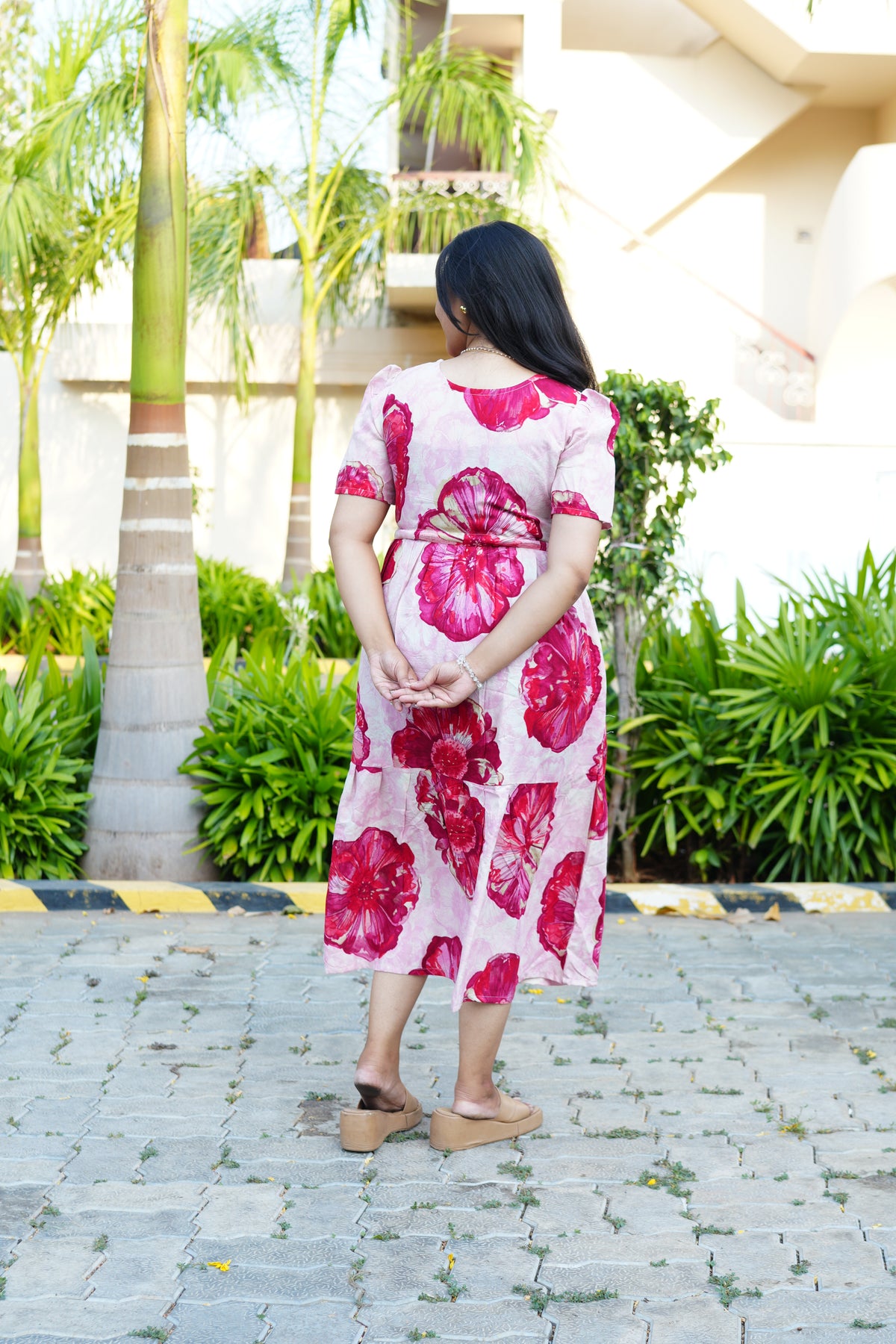 Sky Teal Bold Floral Rayon Foil Maxi Frock – Puff Sleeve Tiered Summer Dress with Adjustable Front Tie & Side Pockets