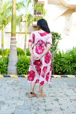 Sky Teal Bold Floral Rayon Foil Maxi Frock – Puff Sleeve Tiered Summer Dress with Adjustable Front Tie & Side Pockets