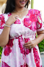 Sky Teal Bold Floral Rayon Foil Maxi Frock – Puff Sleeve Tiered Summer Dress with Adjustable Front Tie & Side Pockets