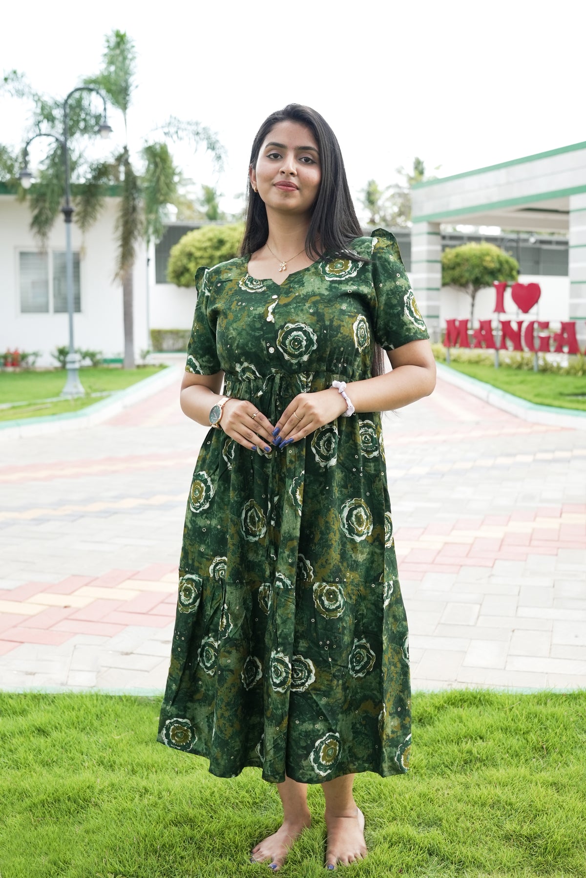 Rayon Colourful Foil Printing Gathering Frock Model Nighties | Side Pocket and Gathering Front Rope | Fancy Sleeve & Maxi Frock Nightwear for Stylish Women's (FGF)