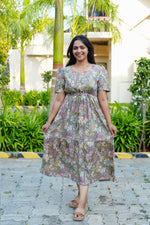 Vintage Earthy Floral Rayon Foil Print Maxi Dress – Puff Sleeve Tiered Frock with Adjustable Waist Tie & Side Pockets
