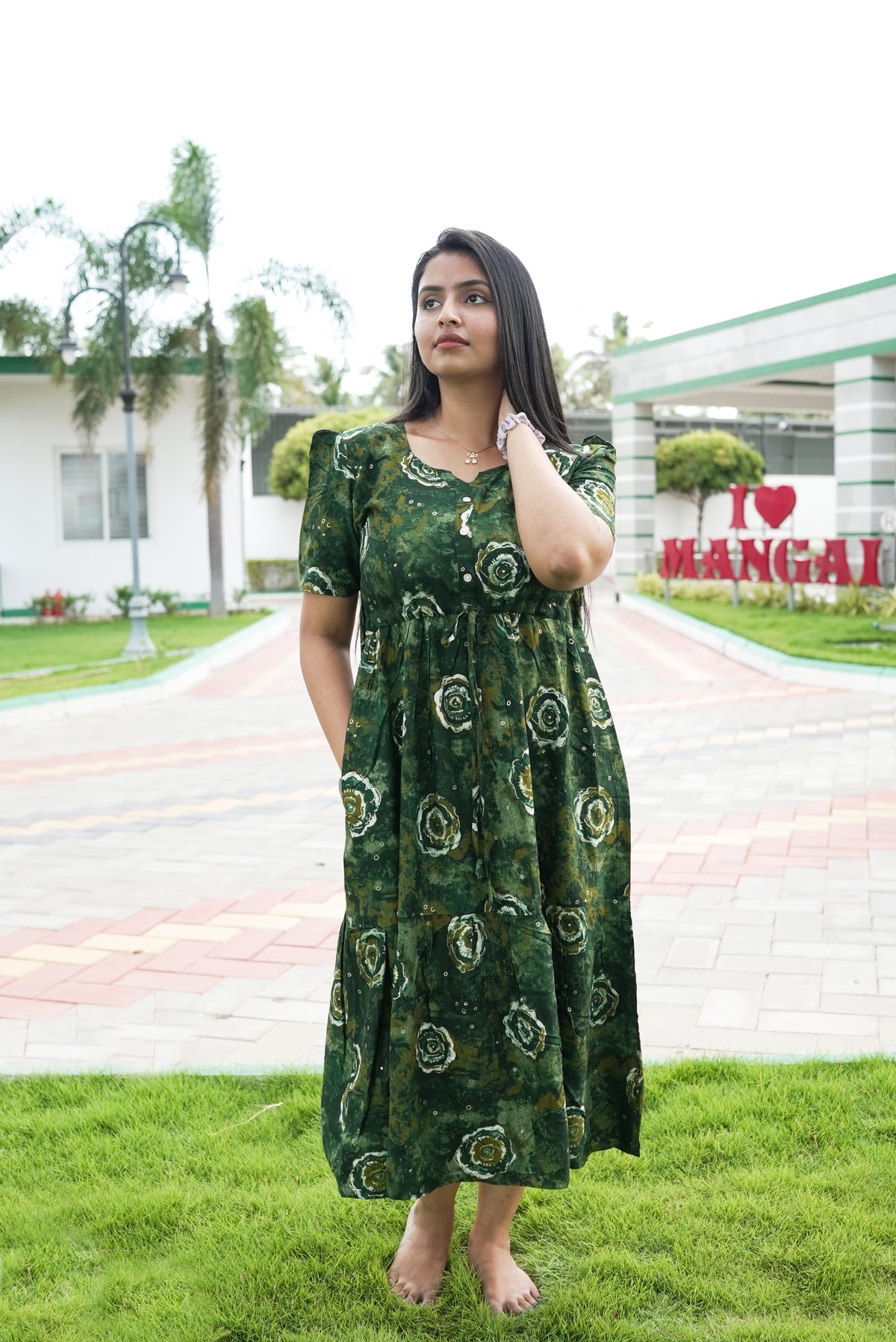 Rayon Colourful Foil Printing Gathering Frock Model Nighties | Side Pocket and Gathering Front Rope | Fancy Sleeve & Maxi Frock Nightwear for Stylish Women's (FGF)
