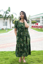 Rayon Colourful Foil Printing Gathering Frock Model Nighties | Side Pocket and Gathering Front Rope | Fancy Sleeve & Maxi Frock Nightwear for Stylish Women's (FGF)