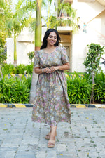 Vintage Earthy Floral Rayon Foil Print Maxi Dress – Puff Sleeve Tiered Frock with Adjustable Waist Tie & Side Pockets