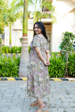 Vintage Earthy Floral Rayon Foil Print Maxi Dress – Puff Sleeve Tiered Frock with Adjustable Waist Tie & Side Pockets