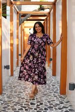 Midnight Plum Floral Rayon Foil Maxi Frock – Elegant Puff Sleeve Tiered Summer Dress with Adjustable Waist Tie & Pockets