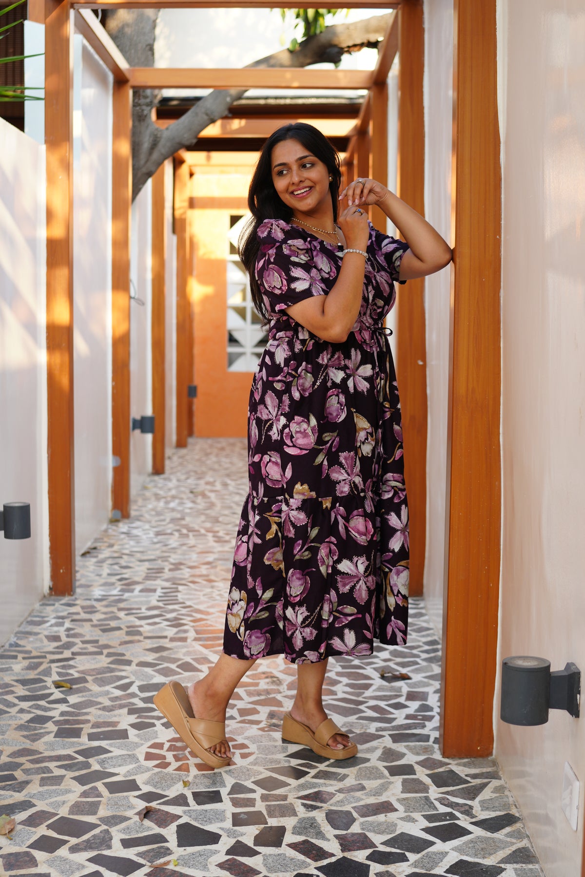 Midnight Plum Floral Rayon Foil Maxi Frock – Elegant Puff Sleeve Tiered Summer Dress with Adjustable Waist Tie & Pockets