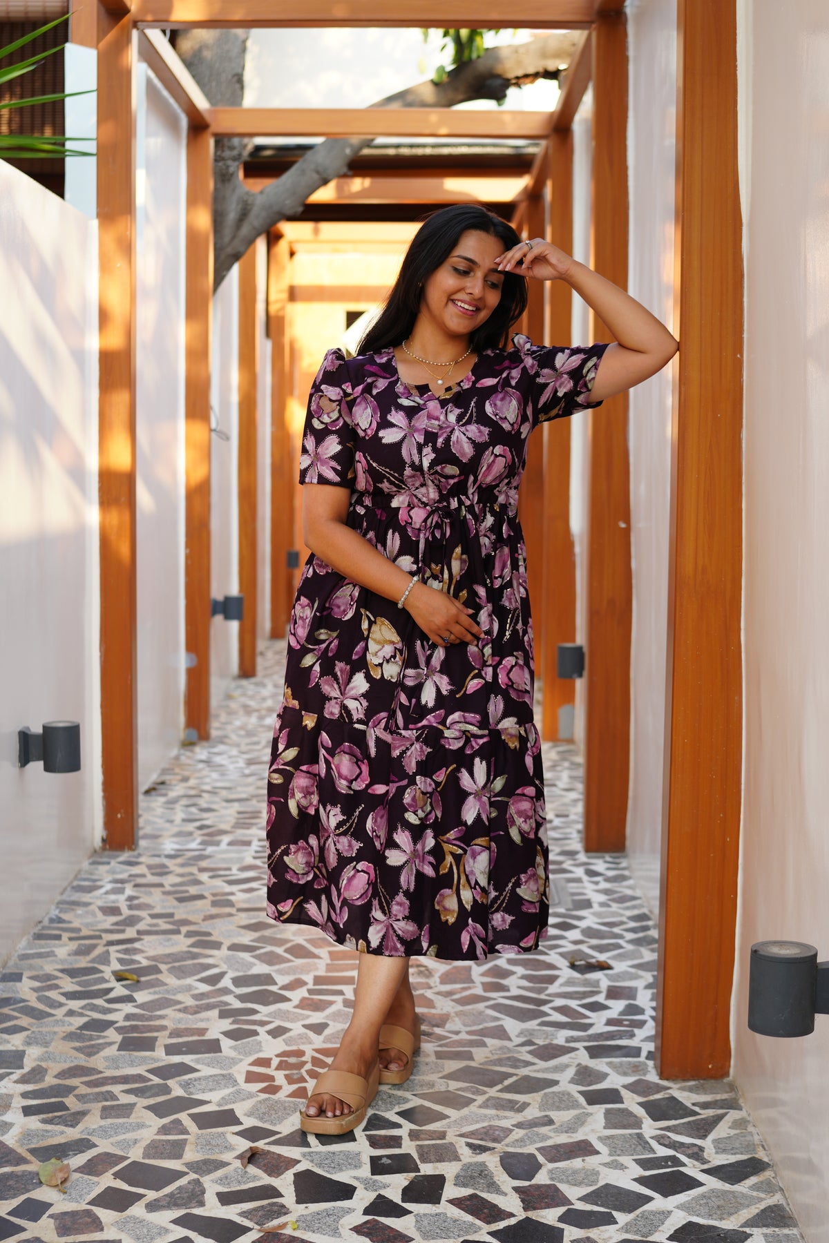 Midnight Plum Floral Rayon Foil Maxi Frock – Elegant Puff Sleeve Tiered Summer Dress with Adjustable Waist Tie & Pockets