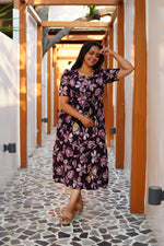 Midnight Plum Floral Rayon Foil Maxi Frock – Elegant Puff Sleeve Tiered Summer Dress with Adjustable Waist Tie & Pockets