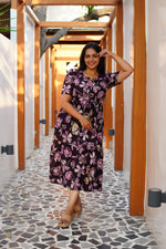 Midnight Plum Floral Rayon Foil Maxi Frock – Elegant Puff Sleeve Tiered Summer Dress with Adjustable Waist Tie & Pockets