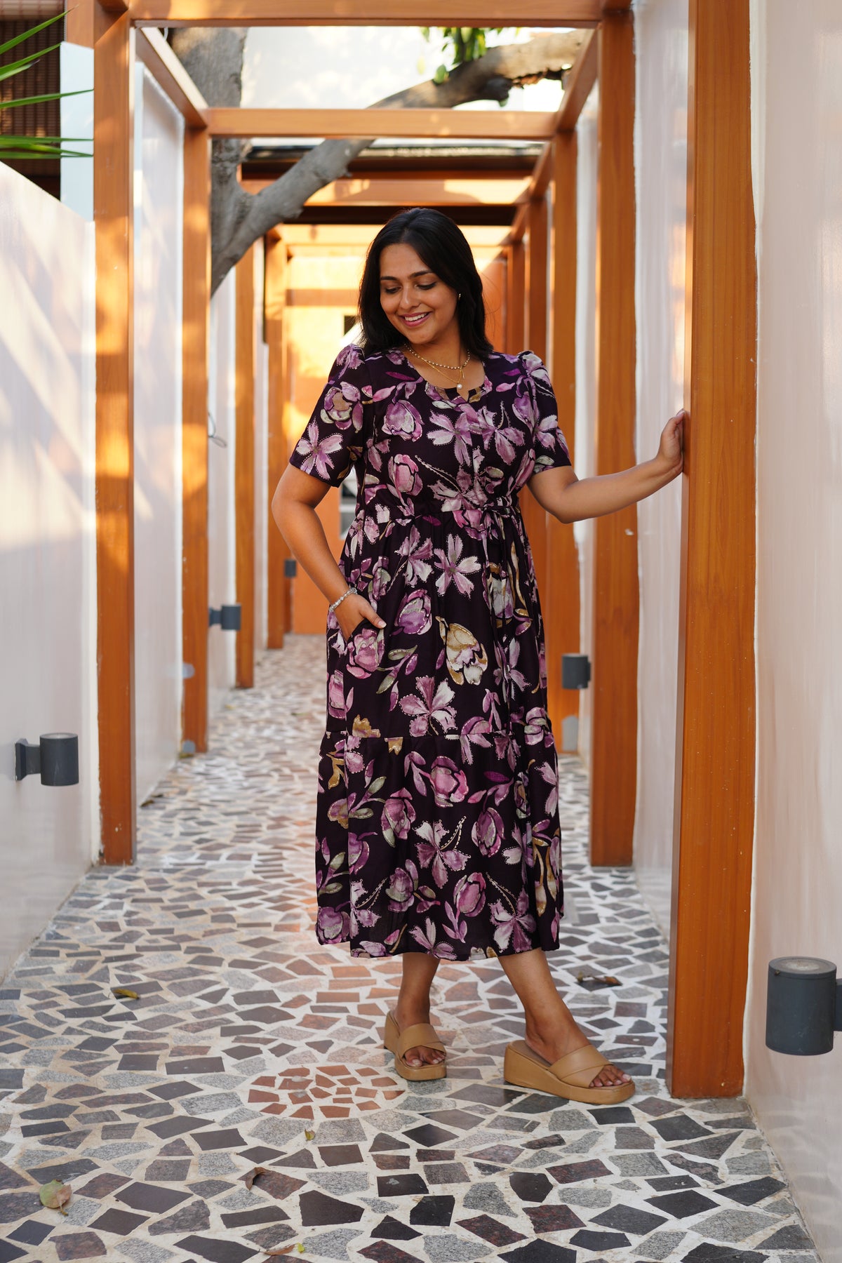 Midnight Plum Floral Rayon Foil Maxi Frock – Elegant Puff Sleeve Tiered Summer Dress with Adjustable Waist Tie & Pockets