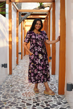 Midnight Plum Floral Rayon Foil Maxi Frock – Elegant Puff Sleeve Tiered Summer Dress with Adjustable Waist Tie & Pockets