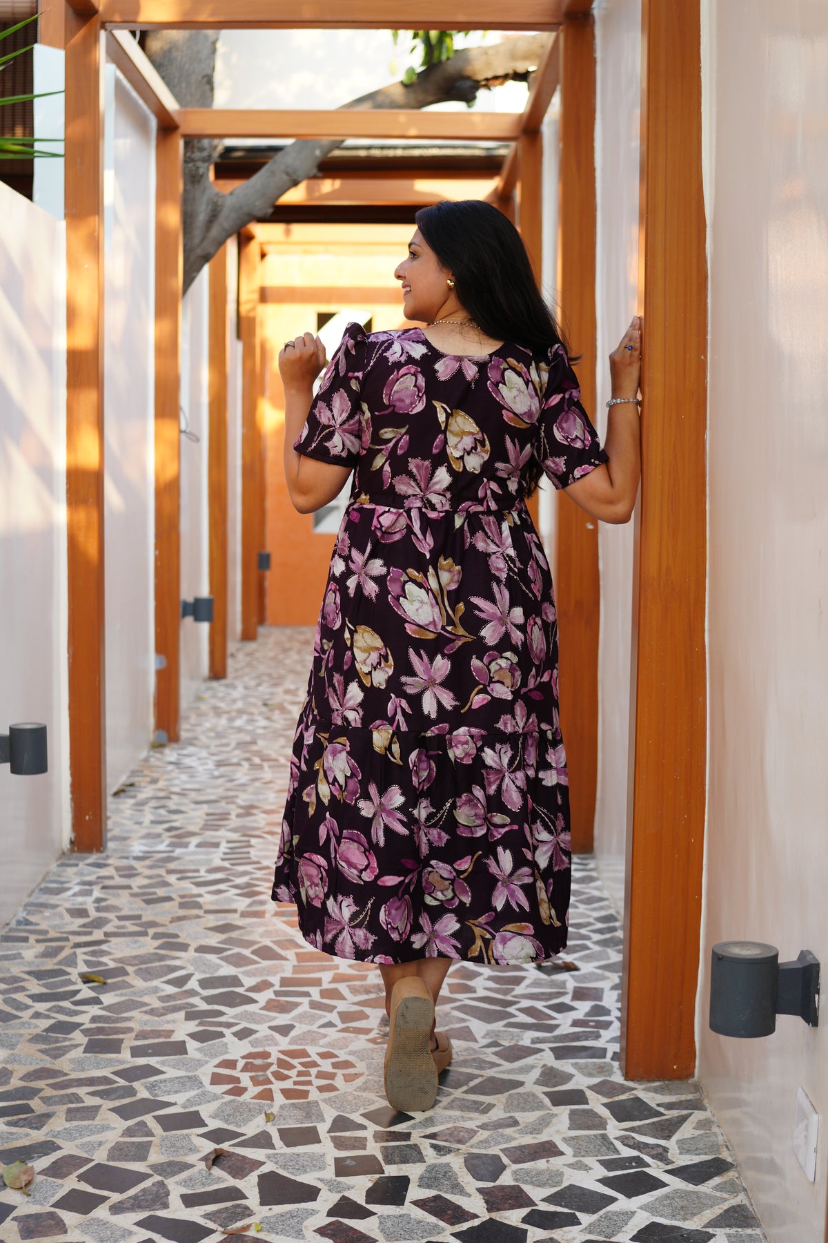 Midnight Plum Floral Rayon Foil Maxi Frock – Elegant Puff Sleeve Tiered Summer Dress with Adjustable Waist Tie & Pockets