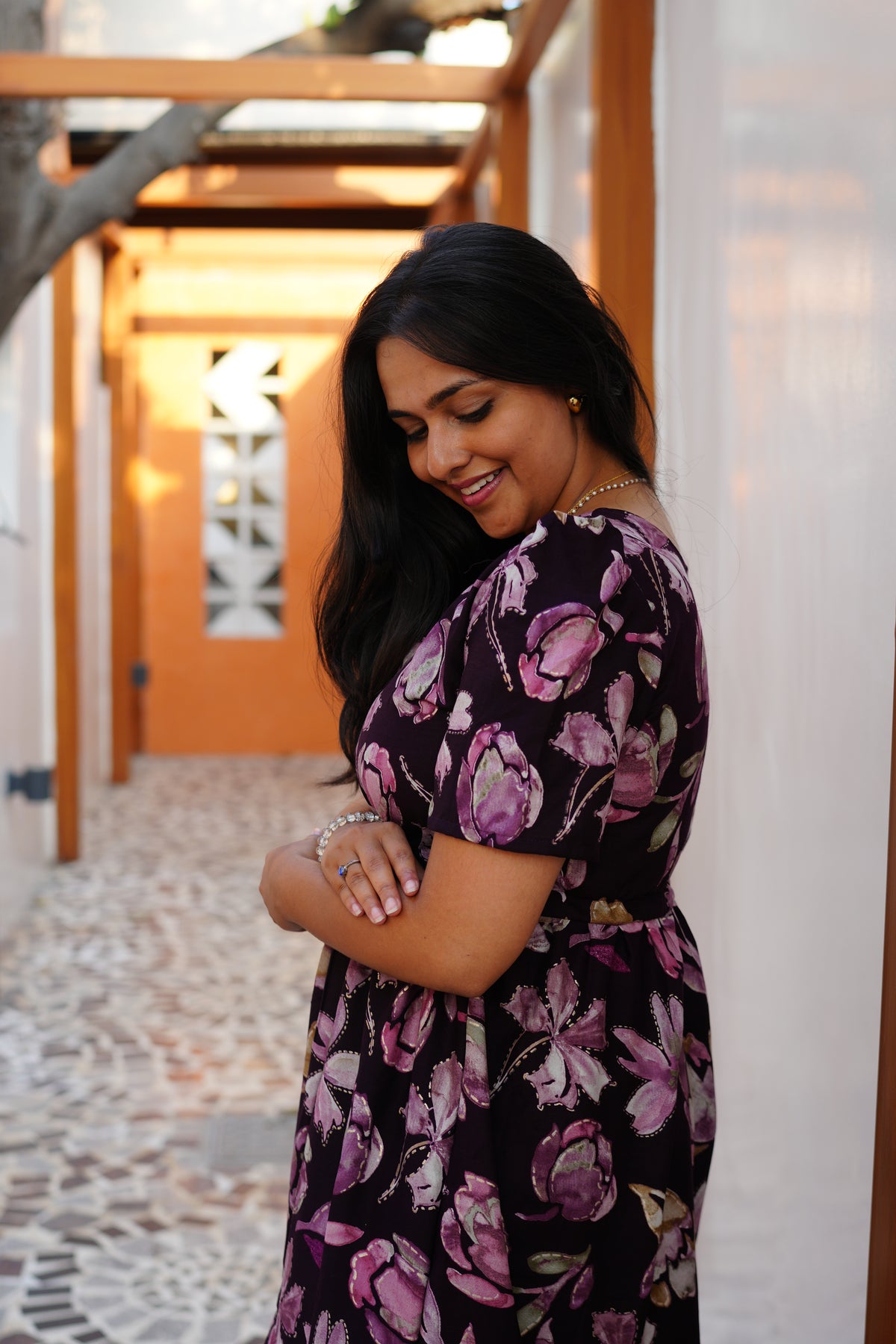 Midnight Plum Floral Rayon Foil Maxi Frock – Elegant Puff Sleeve Tiered Summer Dress with Adjustable Waist Tie & Pockets