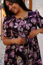 Midnight Plum Floral Rayon Foil Maxi Frock – Elegant Puff Sleeve Tiered Summer Dress with Adjustable Waist Tie & Pockets