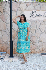 Turquoise Wave Rayon Foil Print Maxi Frock – Double Frill Sleeve Summer Dress with Adjustable Waist & Side Pockets MAXI Frock