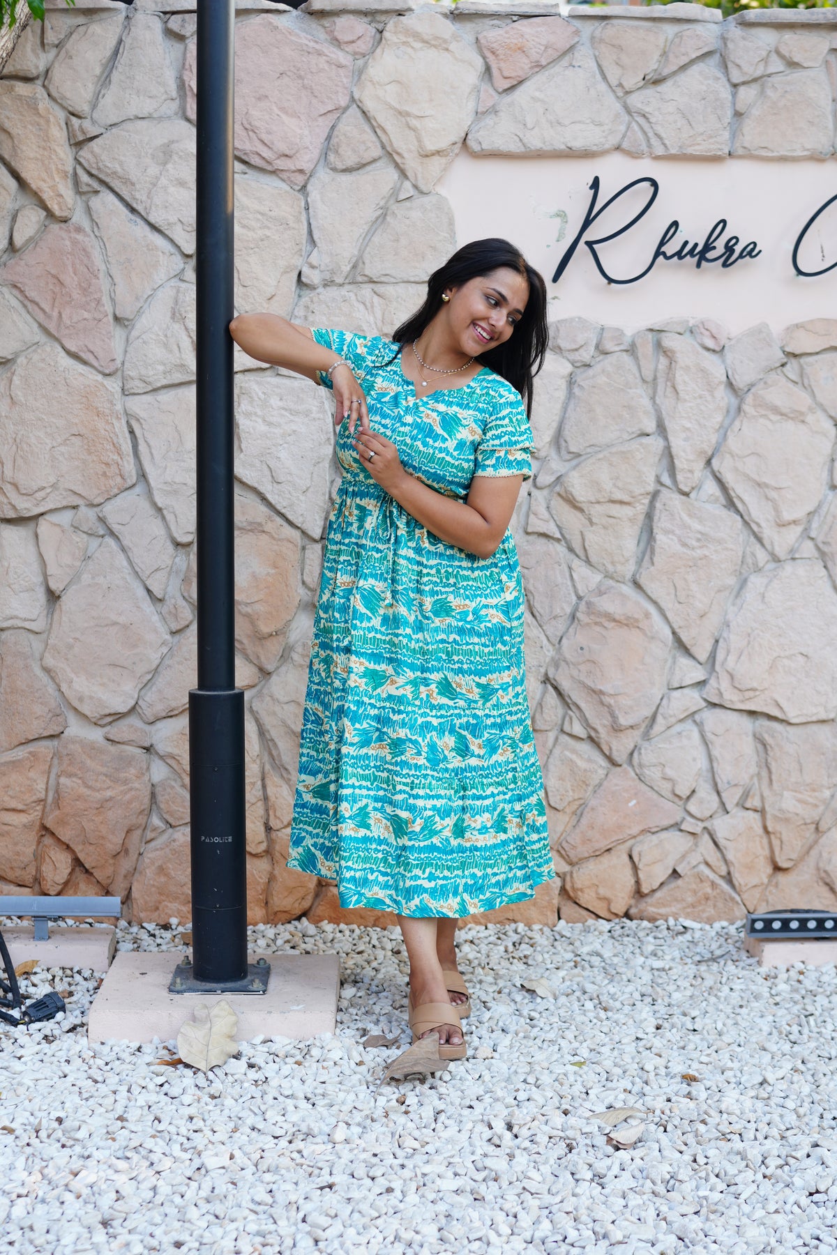 Turquoise Wave Rayon Foil Print Maxi Frock – Double Frill Sleeve Summer Dress with Adjustable Waist & Side Pockets MAXI Frock