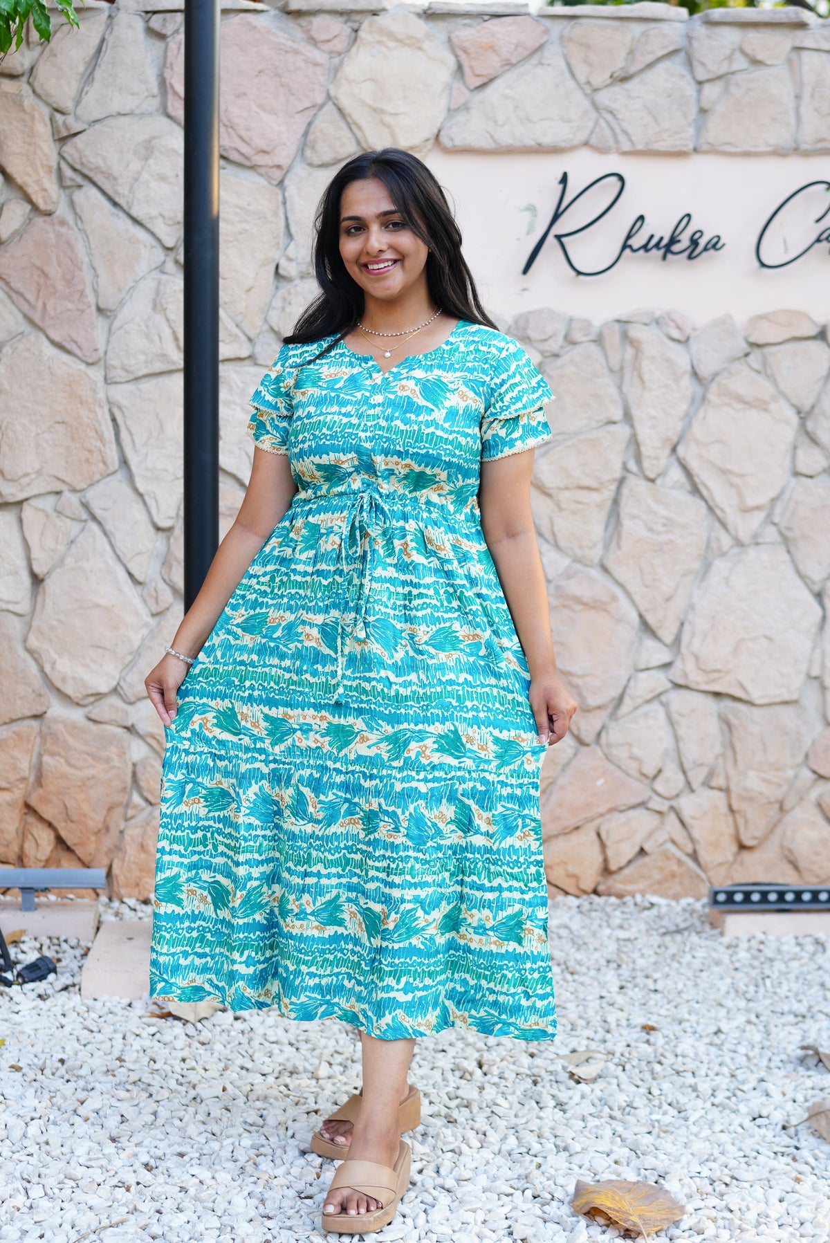 Turquoise Wave Rayon Foil Print Maxi Frock – Double Frill Sleeve Summer Dress with Adjustable Waist & Side Pockets MAXI Frock