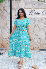 Turquoise Wave Rayon Foil Print Maxi Frock – Double Frill Sleeve Summer Dress with Adjustable Waist & Side Pockets MAXI Frock