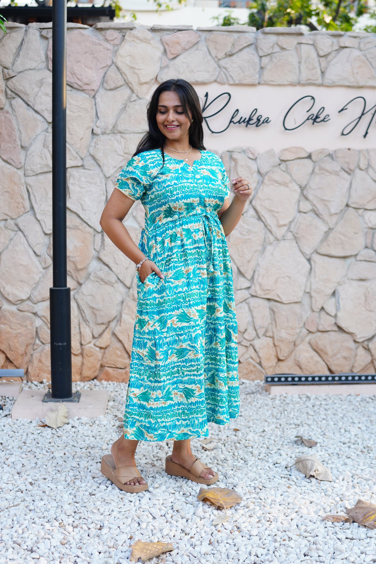 Turquoise Wave Rayon Foil Print Maxi Frock – Double Frill Sleeve Summer Dress with Adjustable Waist & Side Pockets MAXI Frock