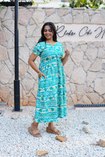 Turquoise Wave Rayon Foil Print Maxi Frock – Double Frill Sleeve Summer Dress with Adjustable Waist & Side Pockets MAXI Frock