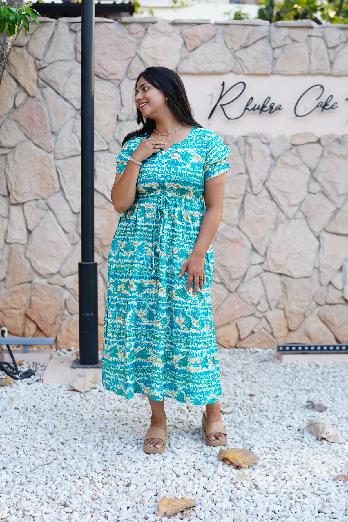 Turquoise Wave Rayon Foil Print Maxi Frock – Double Frill Sleeve Summer Dress with Adjustable Waist & Side Pockets MAXI Frock