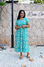 Turquoise Wave Rayon Foil Print Maxi Frock – Double Frill Sleeve Summer Dress with Adjustable Waist & Side Pockets MAXI Frock