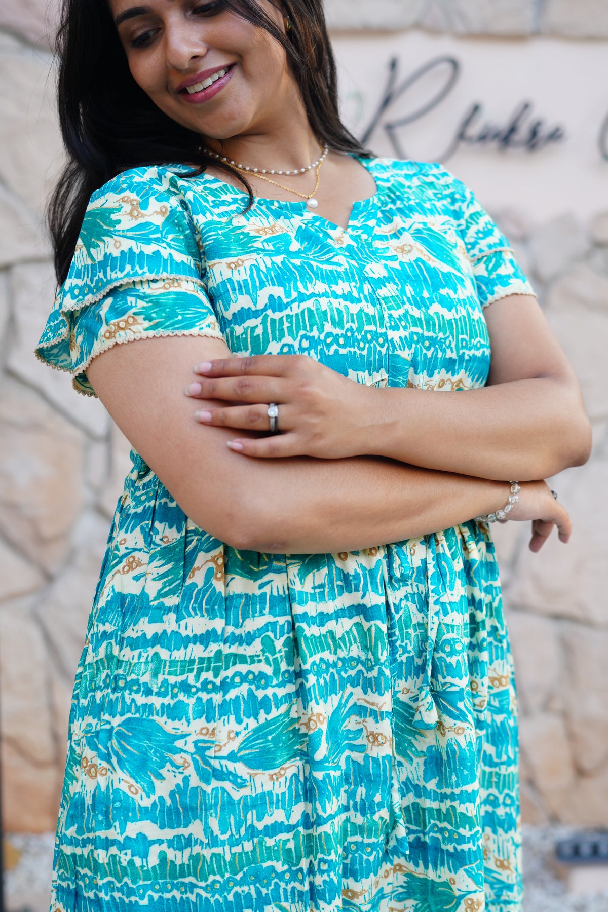 Turquoise Wave Rayon Foil Print Maxi Frock – Double Frill Sleeve Summer Dress with Adjustable Waist & Side Pockets MAXI Frock