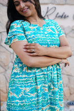 Turquoise Wave Rayon Foil Print Maxi Frock – Double Frill Sleeve Summer Dress with Adjustable Waist & Side Pockets MAXI Frock