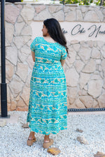 Turquoise Wave Rayon Foil Print Maxi Frock – Double Frill Sleeve Summer Dress with Adjustable Waist & Side Pockets MAXI Frock
