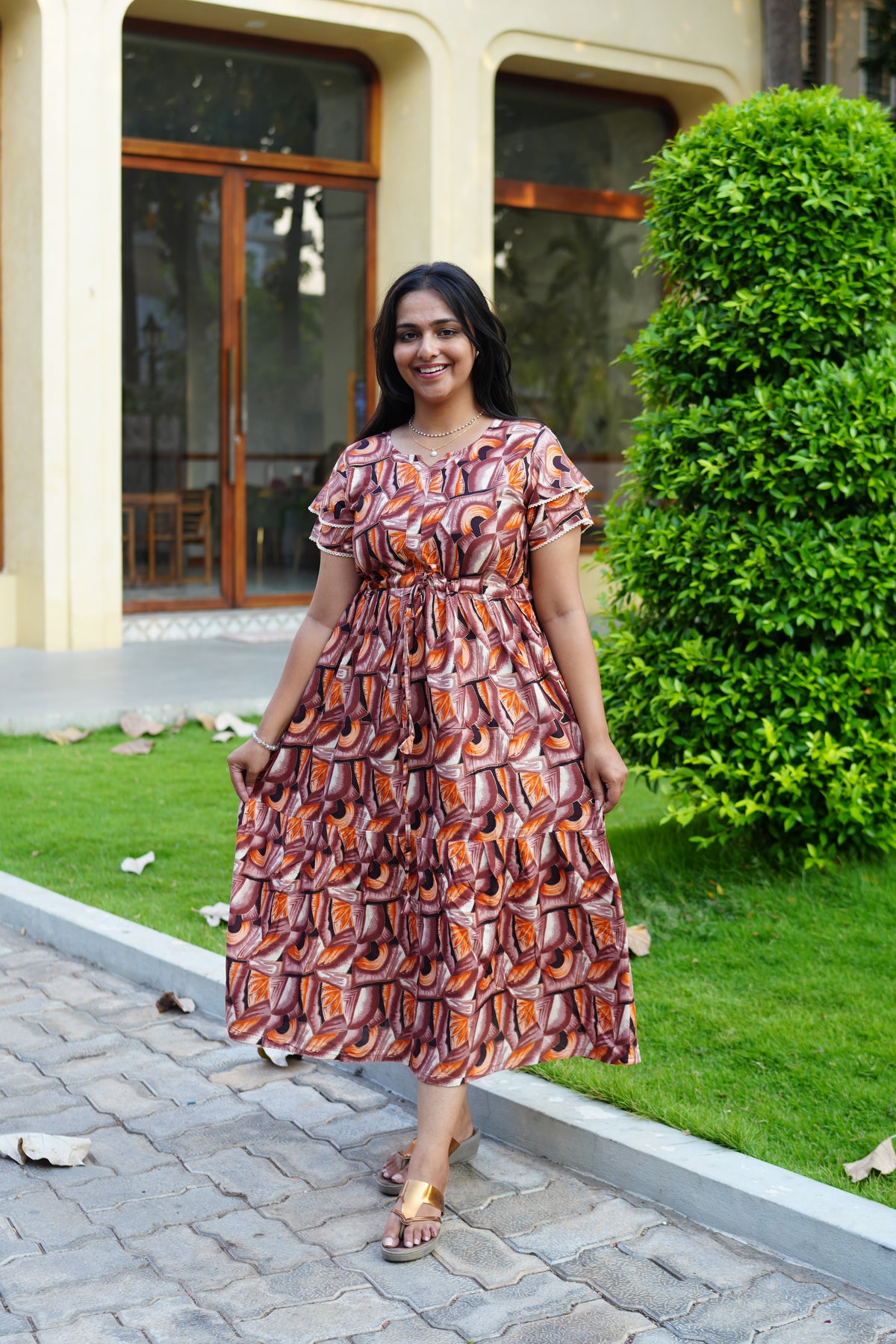 Azure Geometric Rayon Foil Maxi Frock – Double Layer Frill Sleeve Summer Dress with Adjustable Drawstring Waist & Pockets - Lightweight Breathable Fabric Stylish MAXI Frock