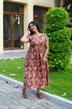 Azure Geometric Rayon Foil Maxi Frock – Double Layer Frill Sleeve Summer Dress with Adjustable Drawstring Waist & Pockets - Lightweight Breathable Fabric Stylish MAXI Frock