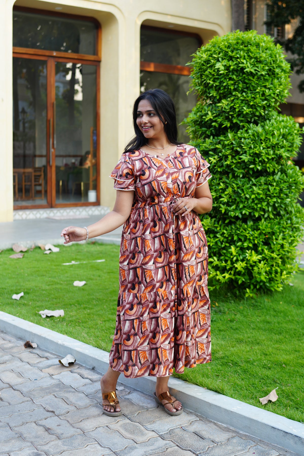 Azure Geometric Rayon Foil Maxi Frock – Double Layer Frill Sleeve Summer Dress with Adjustable Drawstring Waist & Pockets - Lightweight Breathable Fabric Stylish MAXI Frock