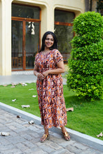 Azure Geometric Rayon Foil Maxi Frock – Double Layer Frill Sleeve Summer Dress with Adjustable Drawstring Waist & Pockets - Lightweight Breathable Fabric Stylish MAXI Frock