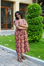 Azure Geometric Rayon Foil Maxi Frock – Double Layer Frill Sleeve Summer Dress with Adjustable Drawstring Waist & Pockets - Lightweight Breathable Fabric Stylish MAXI Frock