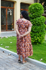 Azure Geometric Rayon Foil Maxi Frock – Double Layer Frill Sleeve Summer Dress with Adjustable Drawstring Waist & Pockets - Lightweight Breathable Fabric Stylish MAXI Frock