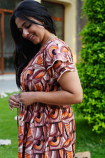 Azure Geometric Rayon Foil Maxi Frock – Double Layer Frill Sleeve Summer Dress with Adjustable Drawstring Waist & Pockets - Lightweight Breathable Fabric Stylish MAXI Frock