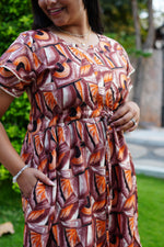 Azure Geometric Rayon Foil Maxi Frock – Double Layer Frill Sleeve Summer Dress with Adjustable Drawstring Waist & Pockets - Lightweight Breathable Fabric Stylish MAXI Frock