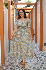 Vintage Earthy Floral Rayon Foil Print Maxi Dress – Puff Sleeve Tiered Frock with Adjustable Waist Tie & Side Pockets