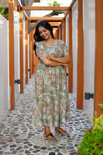 Vintage Earthy Floral Rayon Foil Print Maxi Dress – Puff Sleeve Tiered Frock with Adjustable Waist Tie & Side Pockets