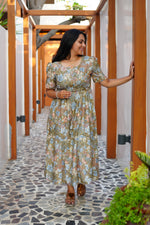 Vintage Earthy Floral Rayon Foil Print Maxi Dress – Puff Sleeve Tiered Frock with Adjustable Waist Tie & Side Pockets