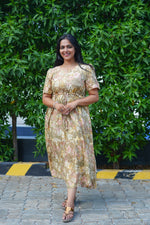 Vintage Earthy Floral Rayon Foil Print Maxi Dress – Puff Sleeve Tiered Frock with Adjustable Waist Tie & Side Pockets