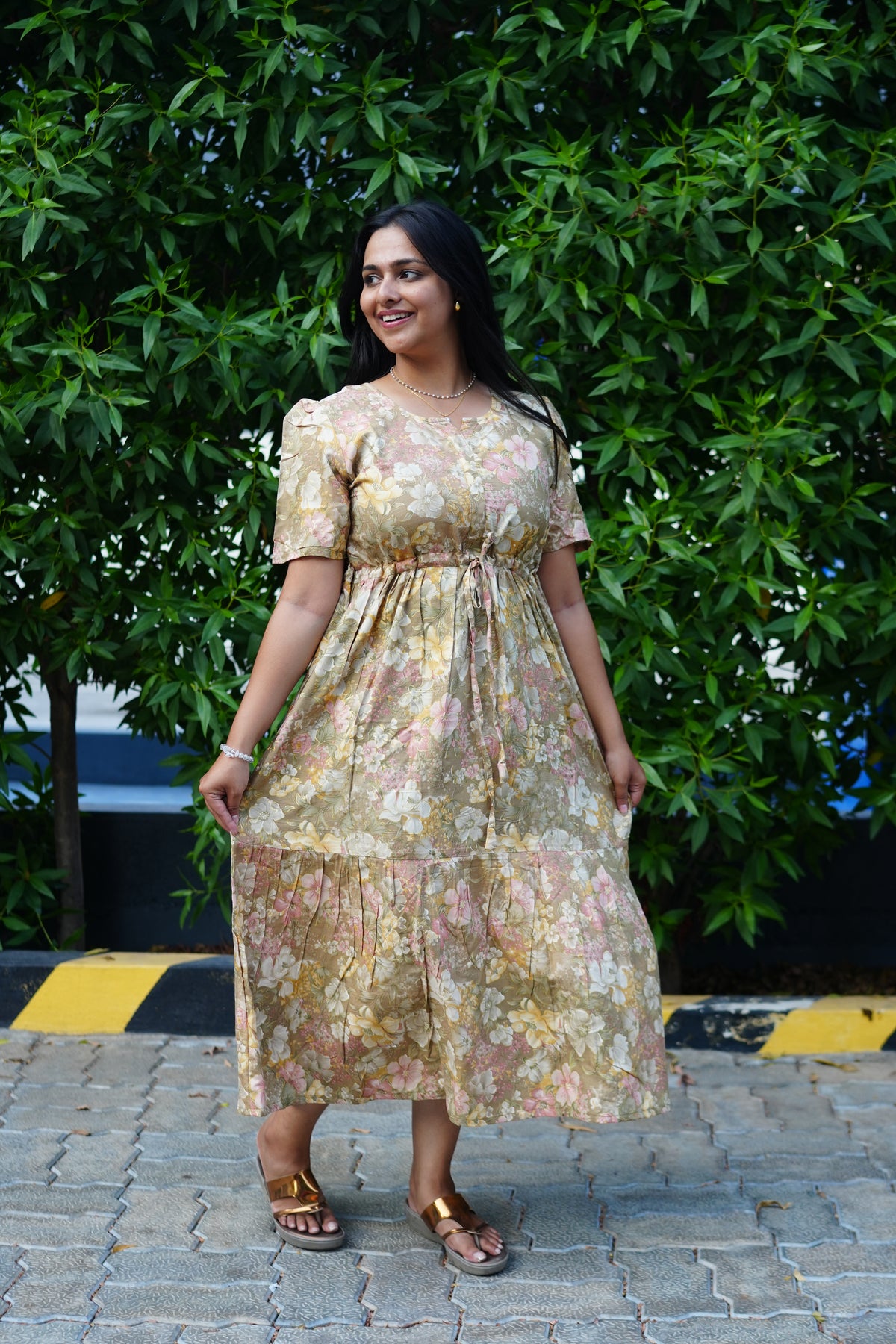 Vintage Earthy Floral Rayon Foil Print Maxi Dress – Puff Sleeve Tiered Frock with Adjustable Waist Tie & Side Pockets