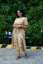 Vintage Earthy Floral Rayon Foil Print Maxi Dress – Puff Sleeve Tiered Frock with Adjustable Waist Tie & Side Pockets