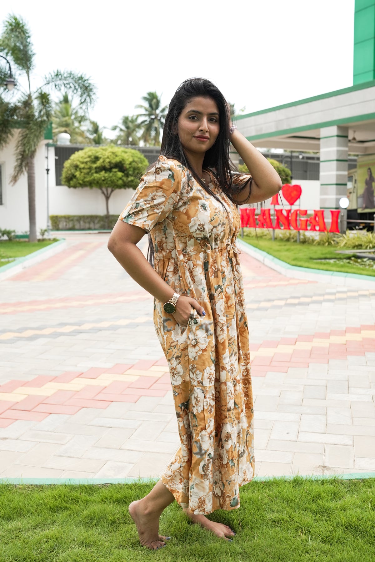 Rayon Colourful Foil Printing Gathering Frock Model Nighties | Side Pocket and Gathering Front Rope | Fancy Sleeve & Maxi Frock Nightwear for Stylish Women's (FGF)